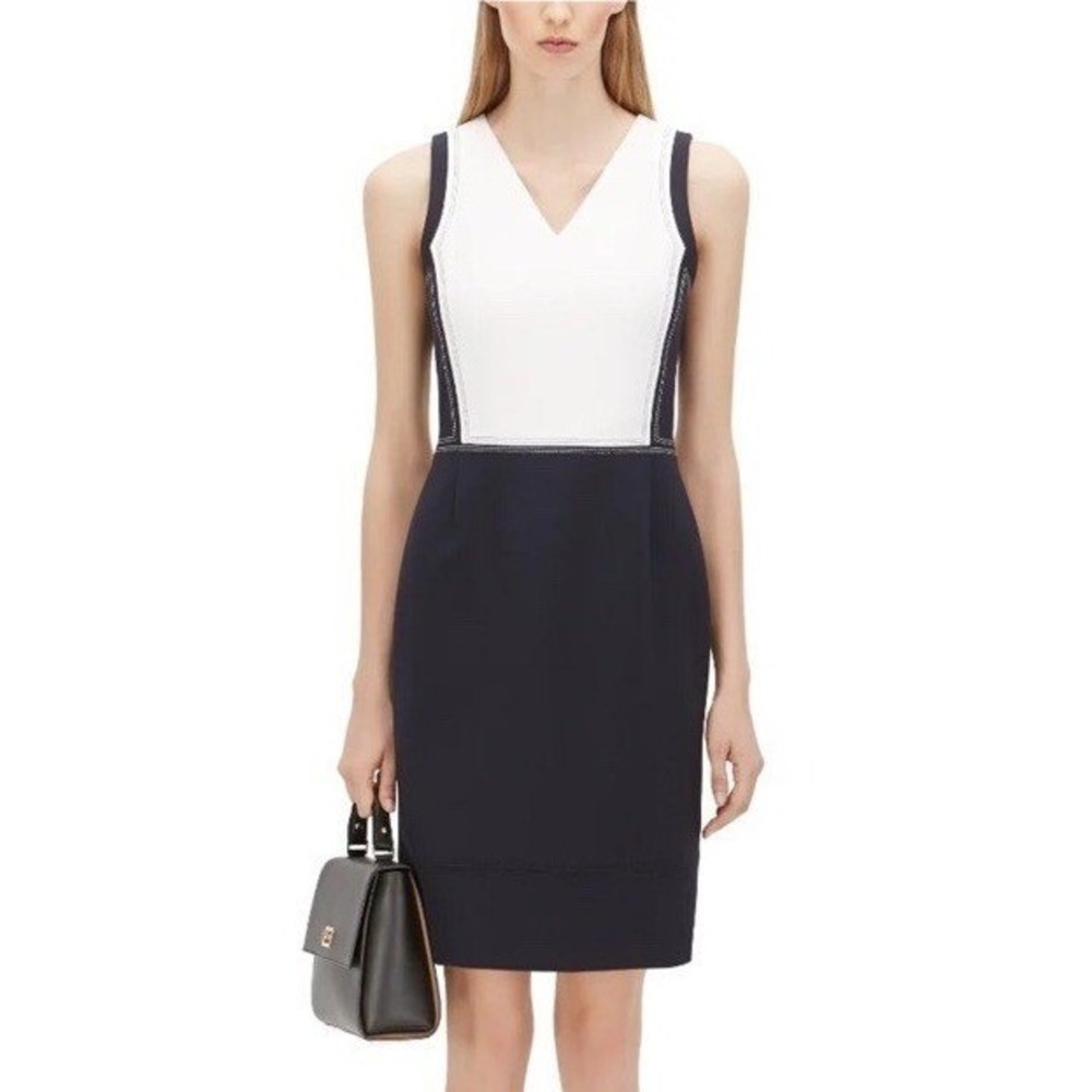 BOSS Hugo Boss Demida Dress Women 10 Navy White Colorblock V-Neck Sheath NWT